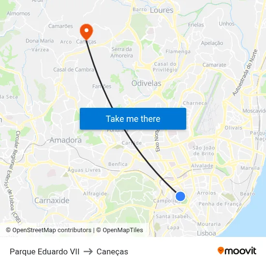 Parque Eduardo VII to Caneças map