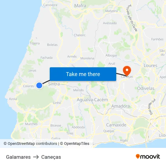 Galamares to Caneças map
