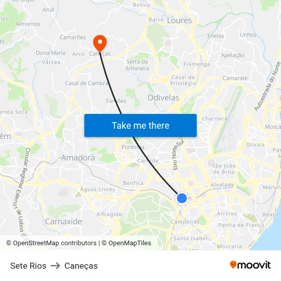 Sete Rios to Caneças map