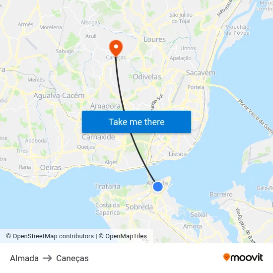 Almada to Caneças map