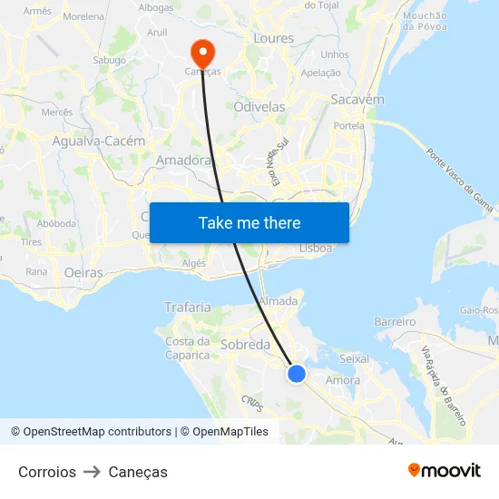 Corroios to Caneças map