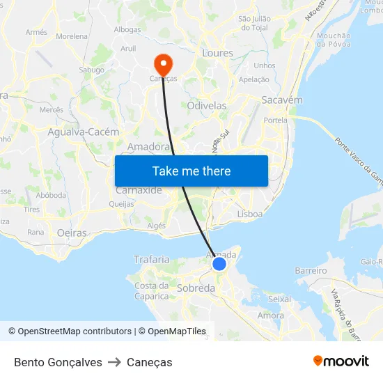 Bento Gonçalves to Caneças map