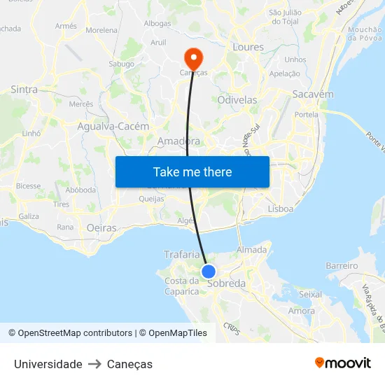 Universidade to Caneças map