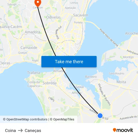 Coina to Caneças map