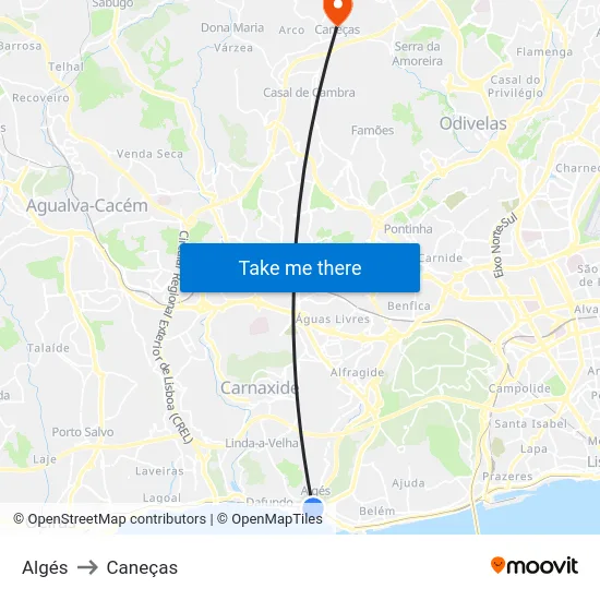 Algés to Caneças map