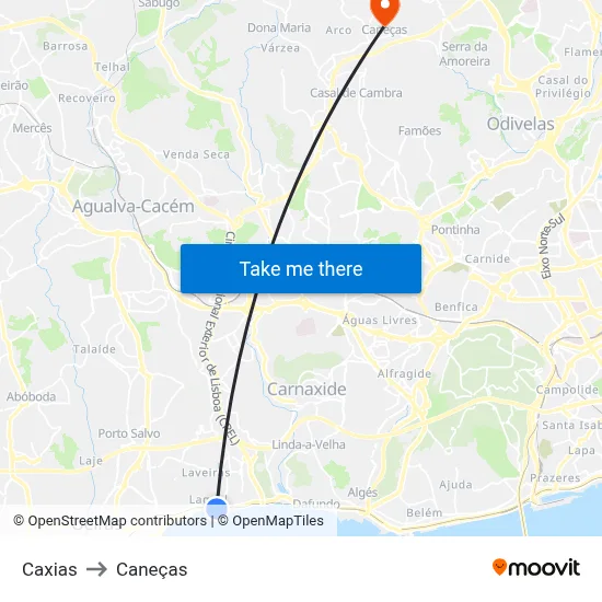 Caxias to Caneças map