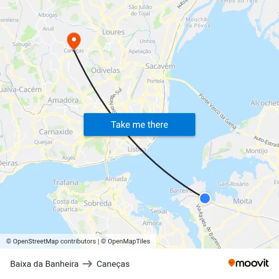 Baixa da Banheira to Caneças map