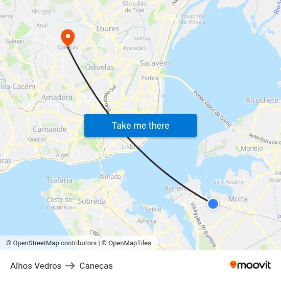 Alhos Vedros to Caneças map