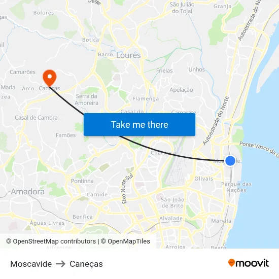 Moscavide to Caneças map