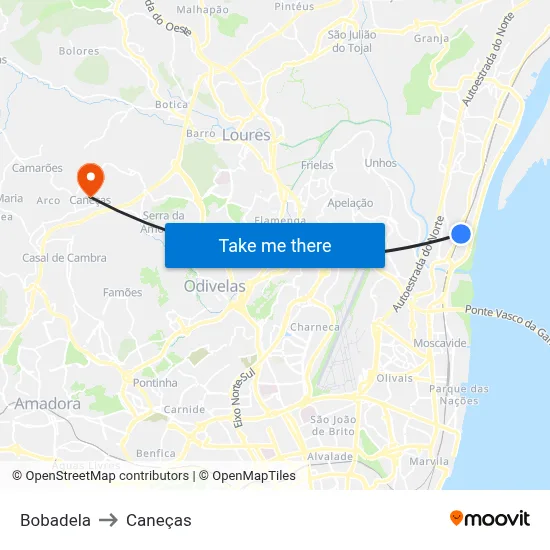 Bobadela to Caneças map
