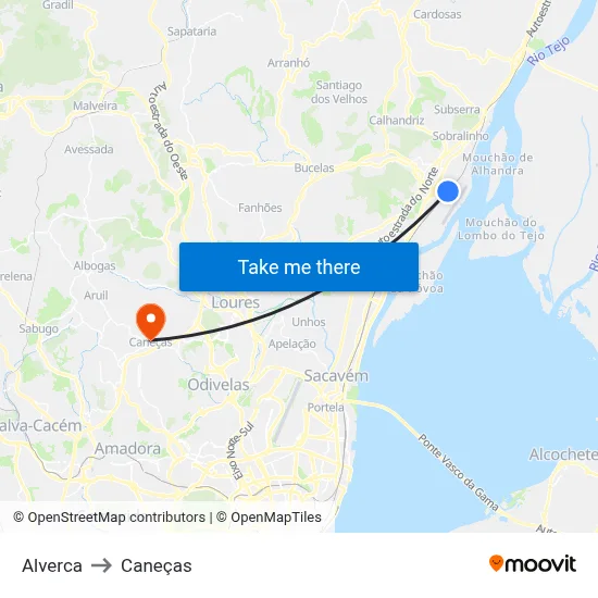 Alverca to Caneças map