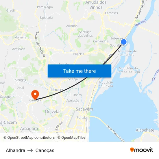Alhandra to Caneças map