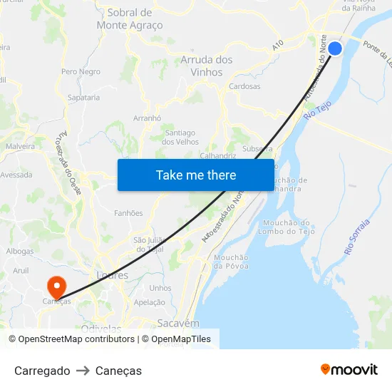 Carregado to Caneças map