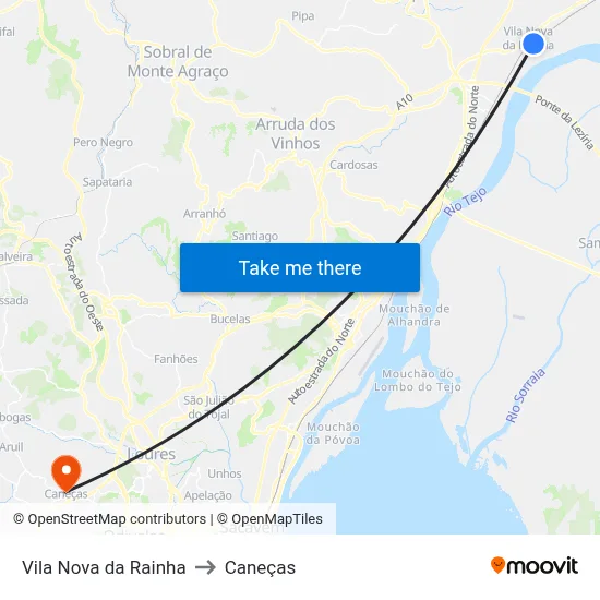Vila Nova da Rainha to Caneças map