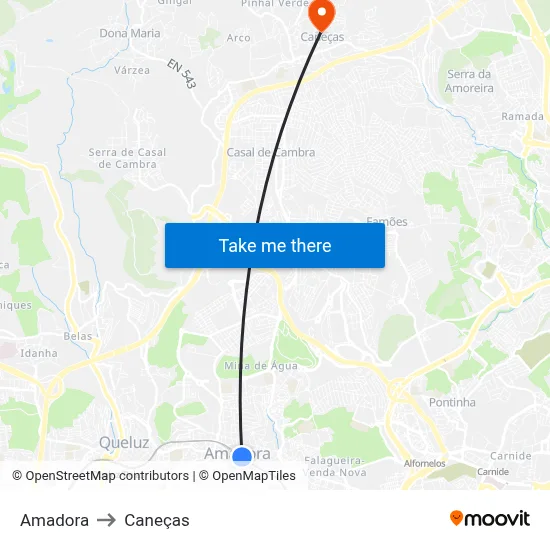 Amadora to Caneças map