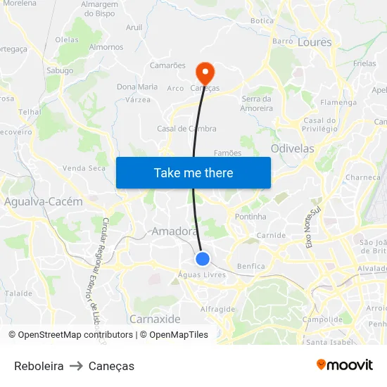 Reboleira to Caneças map