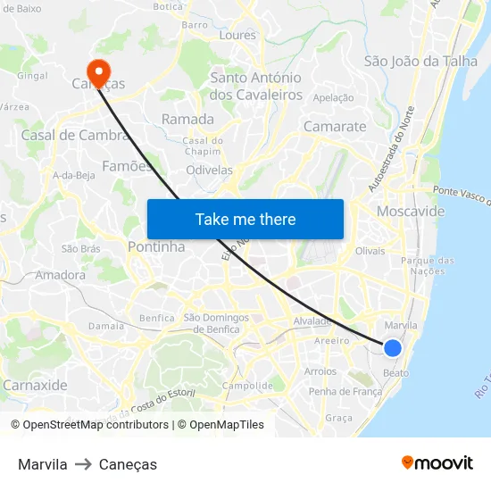 Marvila to Caneças map