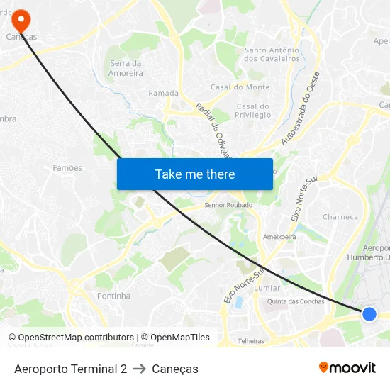 Aeroporto Terminal 2 to Caneças map