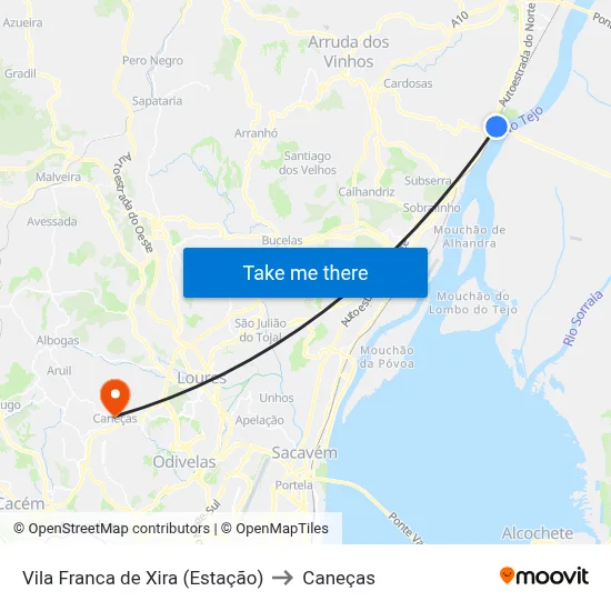 Vila Franca de Xira (Estação) to Caneças map