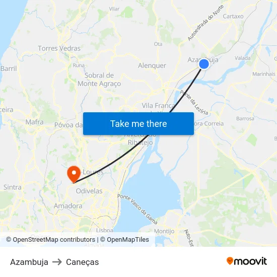 Azambuja to Caneças map