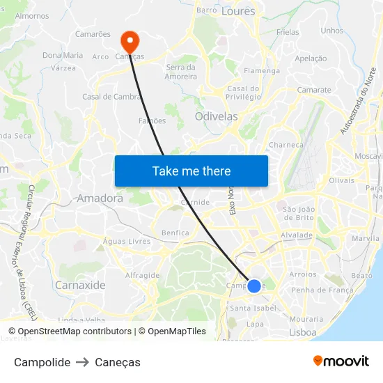 Campolide to Caneças map