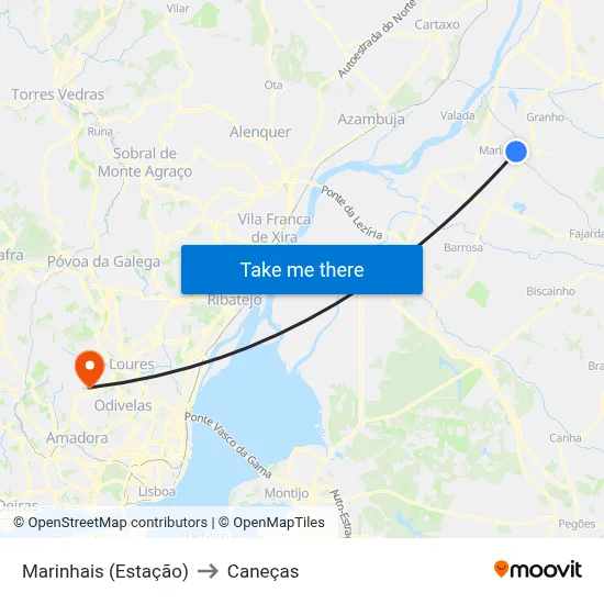Marinhais (Estação) to Caneças map