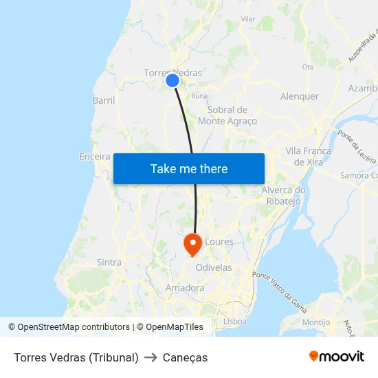 Torres Vedras (Tribunal) to Caneças map
