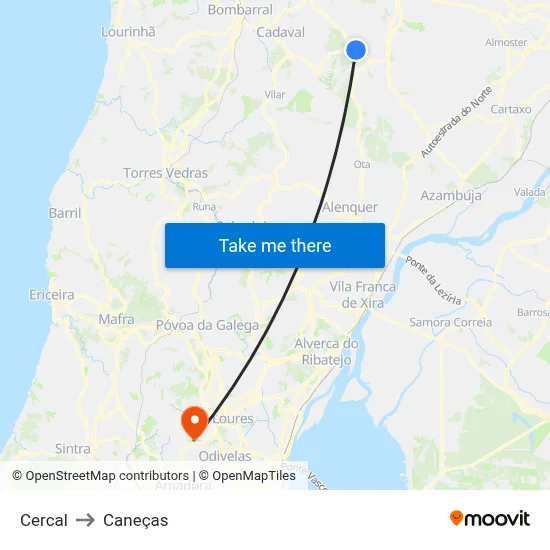Cercal to Caneças map