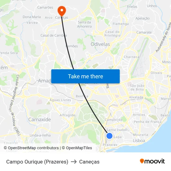 Campo Ourique (Prazeres) to Caneças map