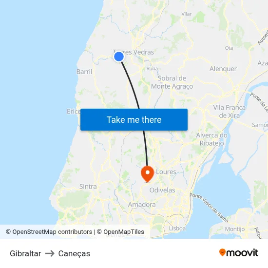 Gibraltar to Caneças map