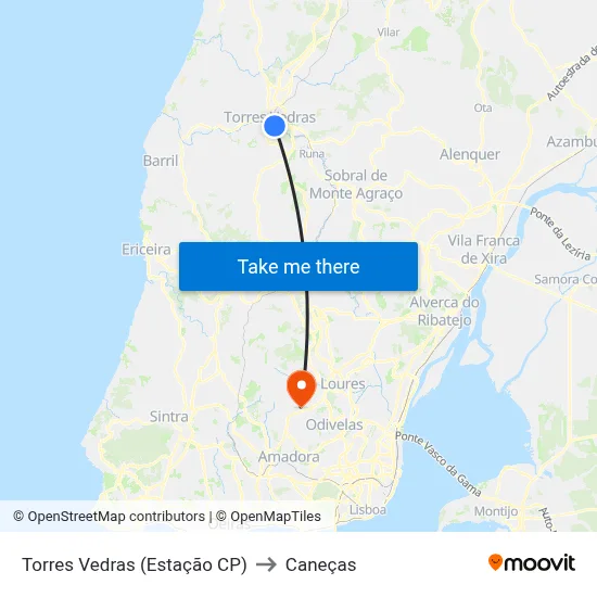 Torres Vedras (Estação CP) to Caneças map