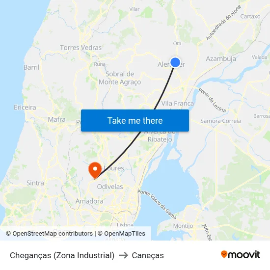 Cheganças (Zona Industrial) to Caneças map