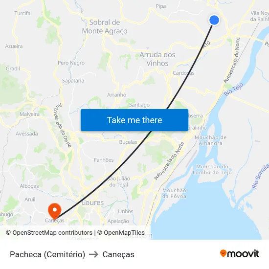 Pacheca (Cemitério) to Caneças map