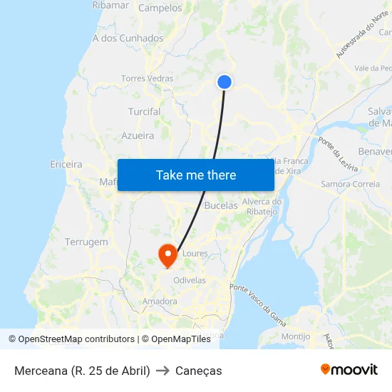 Merceana (R. 25 de Abril) to Caneças map