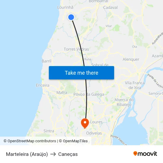 Marteleira (Araújo) to Caneças map