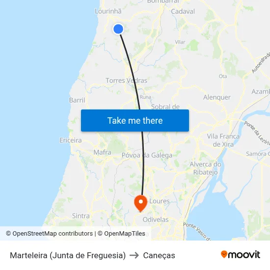 Marteleira (Junta de Freguesia) to Caneças map