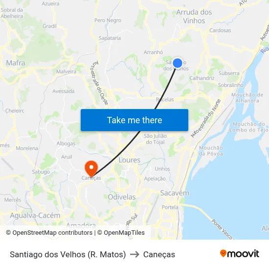 Santiago dos Velhos (R. Matos) to Caneças map