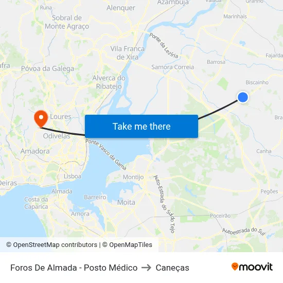 Foros De Almada - Posto Médico to Caneças map