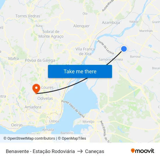 Benavente - Estação Rodoviária to Caneças map