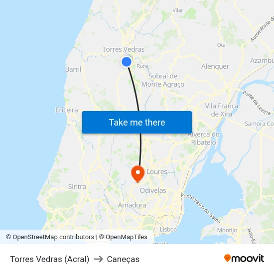 Torres Vedras (Acral) to Caneças map