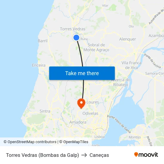 Torres Vedras (Bombas da Galp) to Caneças map