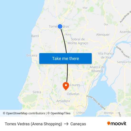 Torres Vedras (Arena Shopping) to Caneças map