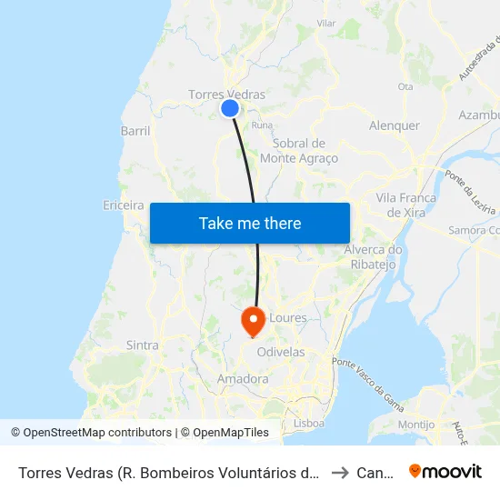 Torres Vedras (R. Bombeiros Voluntários de Torres Vedras) to Caneças map