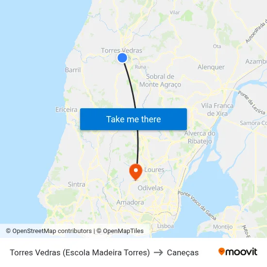 Torres Vedras (Escola Madeira Torres) to Caneças map