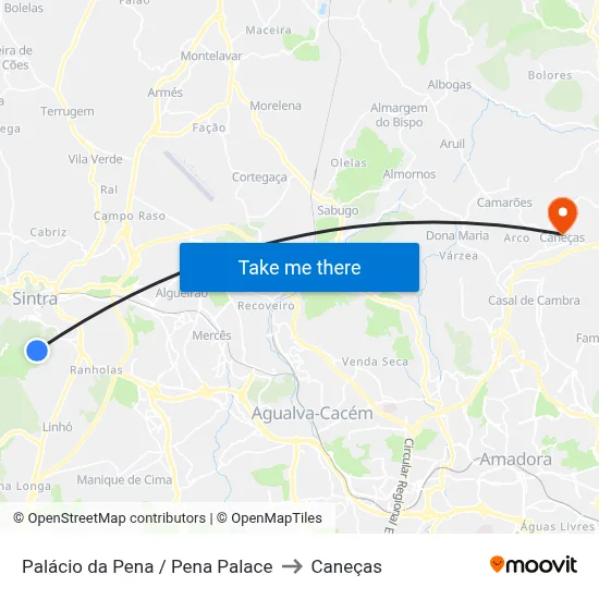 Palácio da Pena / Pena Palace to Caneças map