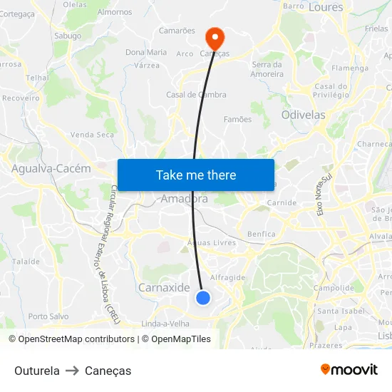 Outurela to Caneças map