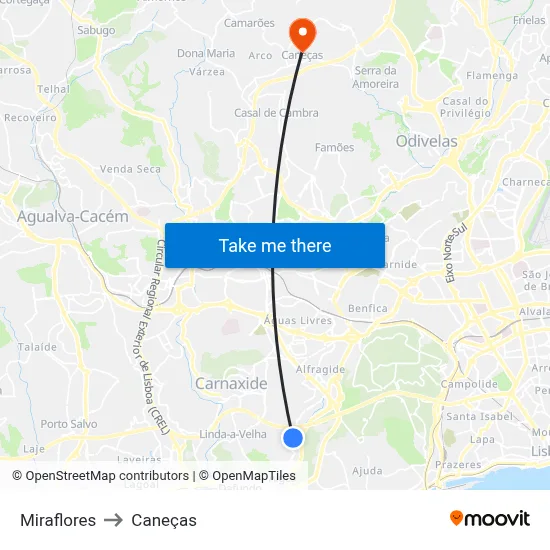 Miraflores to Caneças map