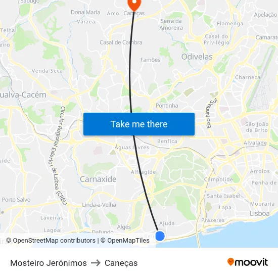 Mosteiro Jerónimos to Caneças map
