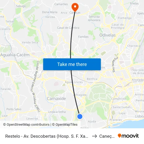 Restelo - Av. Descobertas (Hosp. S. F. Xavier) to Caneças map