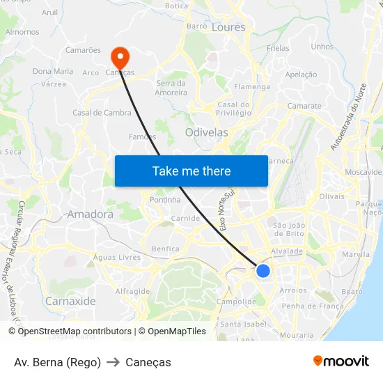 Av. Berna (Rego) to Caneças map